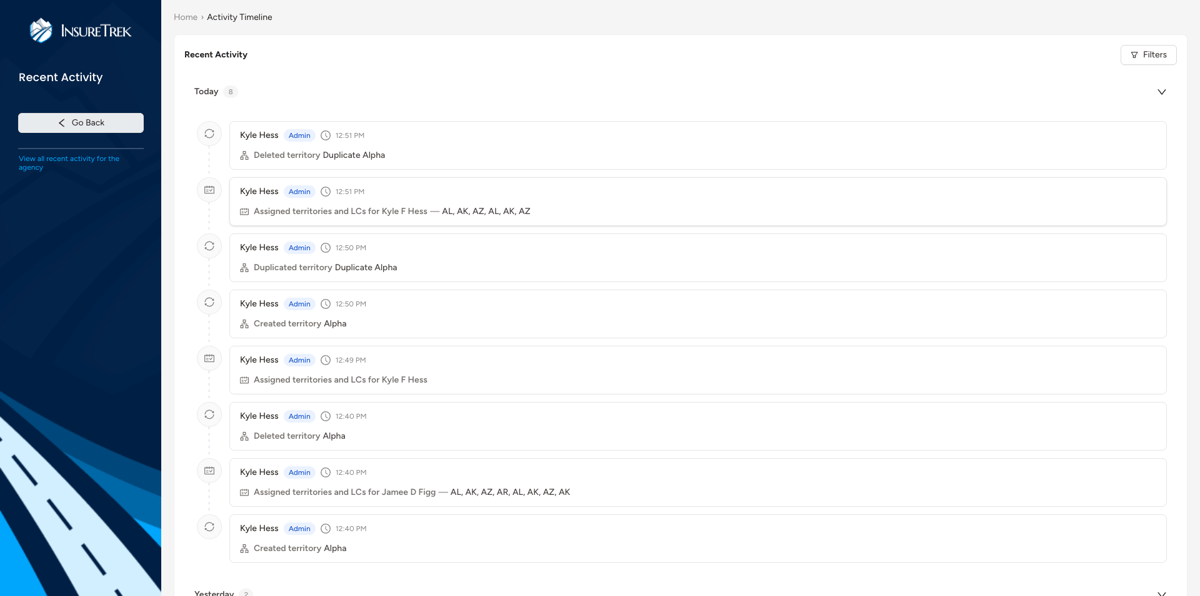 Screenshot of activity timeline in InsureTrek.