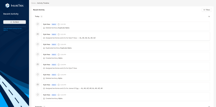 Screenshot of activity timeline in InsureTrek.