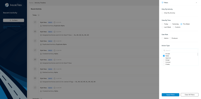 Screenshot of activity timeline in InsureTrek.