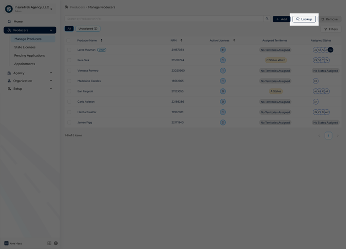 screenshot of producer lookup