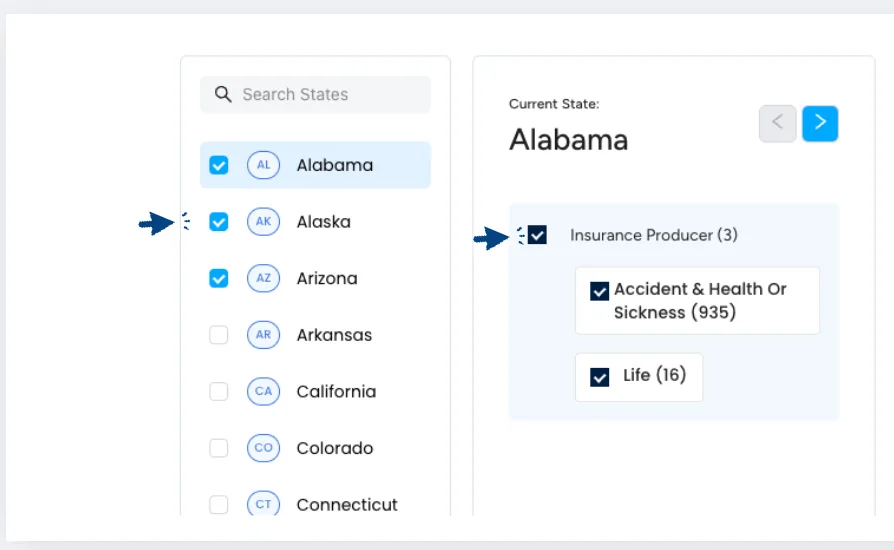 Select states and LOAs