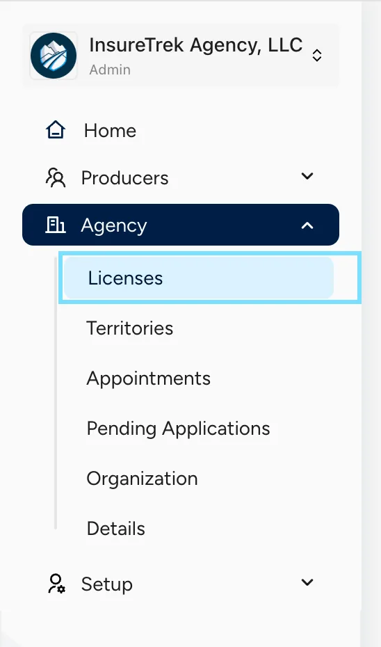 Agency Licenses navigation