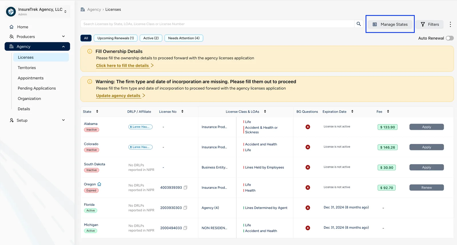 Manage States button
