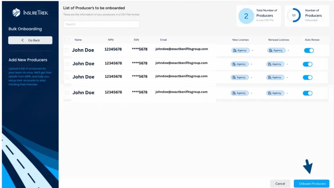 Review and onboard producers